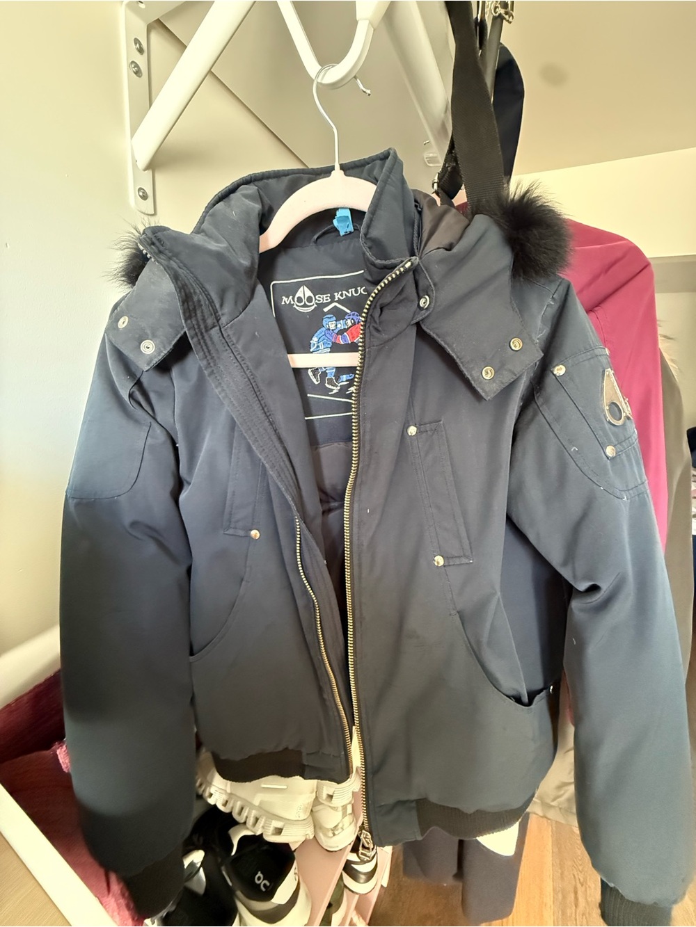 Moose Knuckles Kids Down Bomber Jacket Navy Fur Hood Size L/G